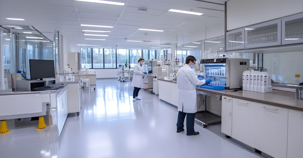A man and woman in white lab coats, masks, and blue gloves work in a clean, brightly lit research lab.