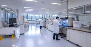 A man and woman in white lab coats, masks, and blue gloves work in a clean, brightly lit research lab.